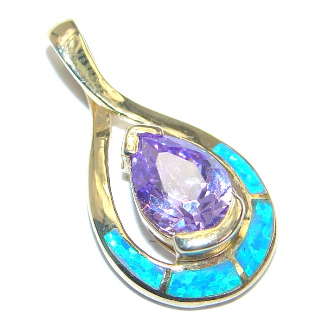 Fancy Style lab. Blue Opal Cubic Zirconia Gold plated over .925 Sterling Silver Pendant
