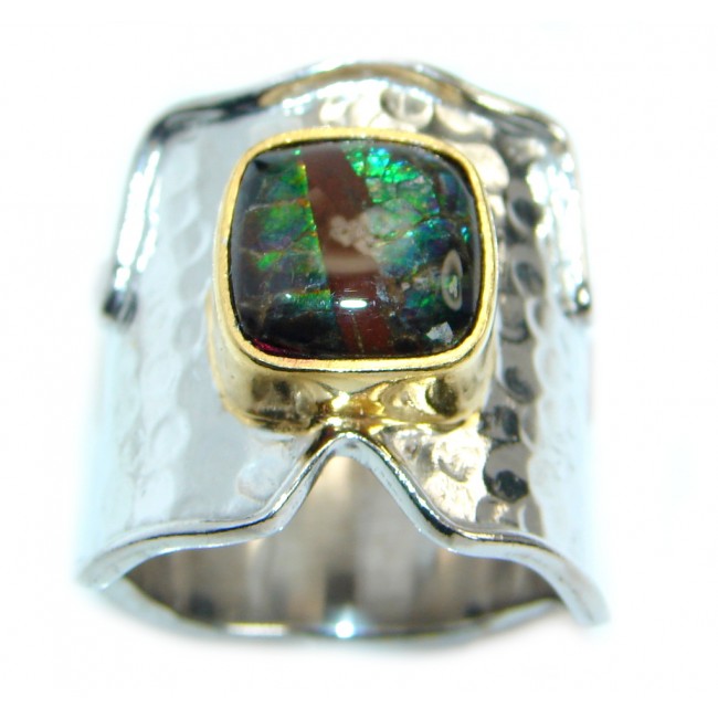 Natural Green Fire Ammolite hammered Two Tones .925 Sterling Silver ring s. 10