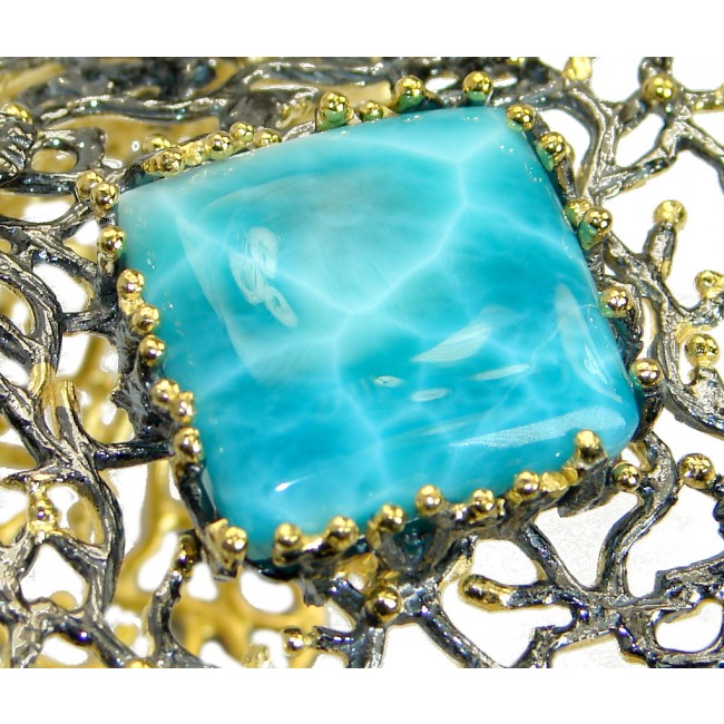 Baroque Style Genuine Blue Larimar 18 ct Gold Rhodium plated over Sterling Silver handmade Bracelet Cuff