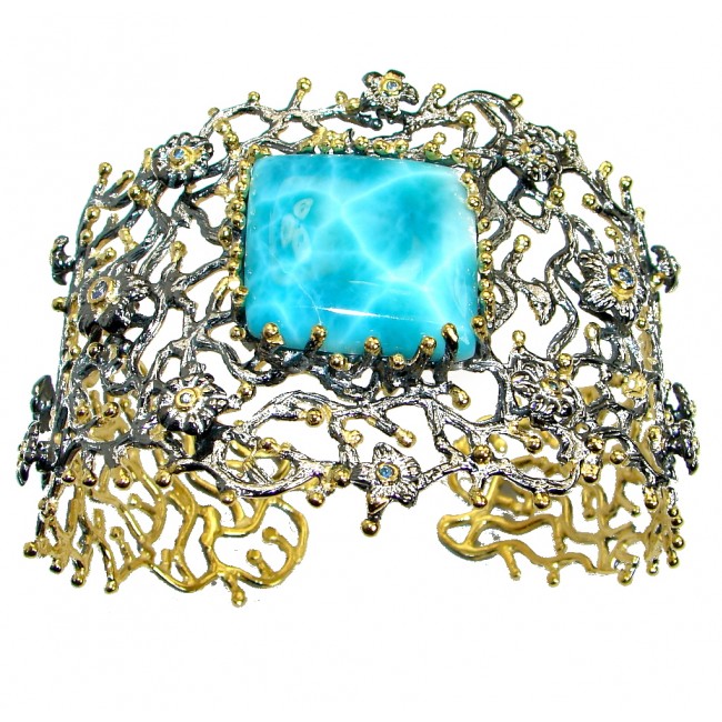 Baroque Style Genuine Blue Larimar 18 ct Gold Rhodium plated over Sterling Silver handmade Bracelet Cuff