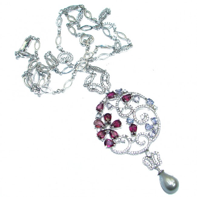 Great genuine Garnet Tanzanite .925 Sterling Silver handmade 24 inches long Necklace