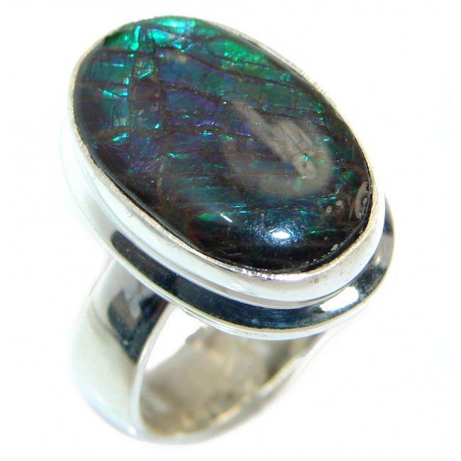 Pure Energy Fire Genuine Canadian Ammolite .925 Sterling Silver handmade ring size 8 adjustable