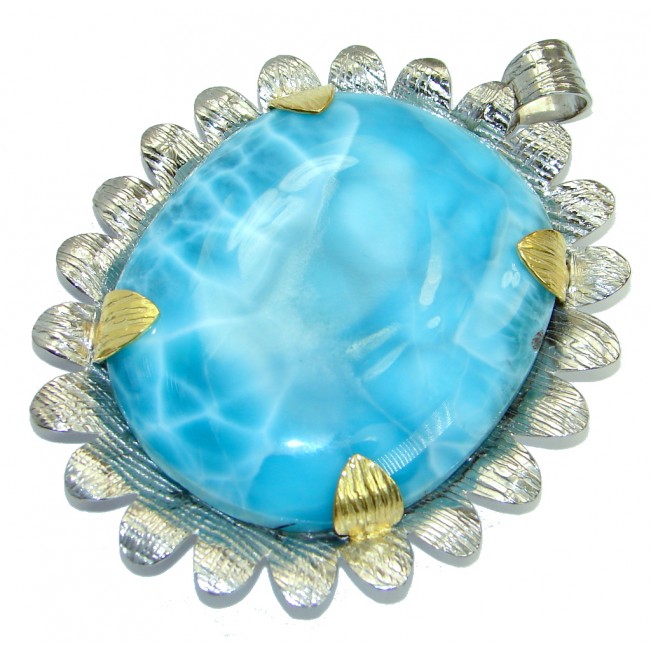 Huge One of the kind Nature inspired Sublime Larimar Gold over .925 Sterling Silver handmade pendant