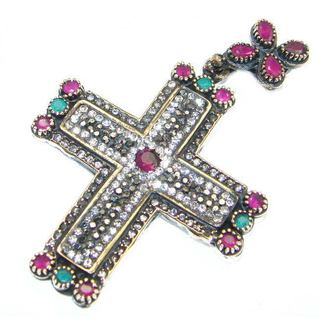 Victorian Style created Pink Ruby .925 Sterling Silver Pendant / Cross