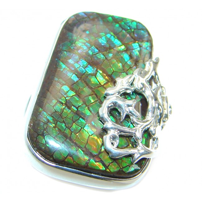 Fire Genuine Canadian Ammolite .925 Sterling Silver handmade ring size 7 adjustable