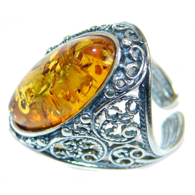 Baltic Polish Amber Sterling Silver handmade Statment Ring size 7 adjustable