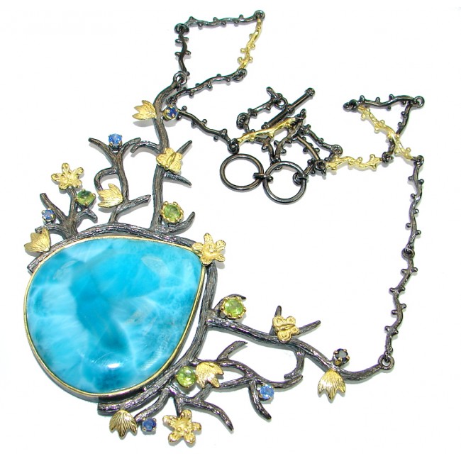 Nature inspired Sublime Larimar Sapphire Gold plated over .925 Sterling Silver handmade necklace