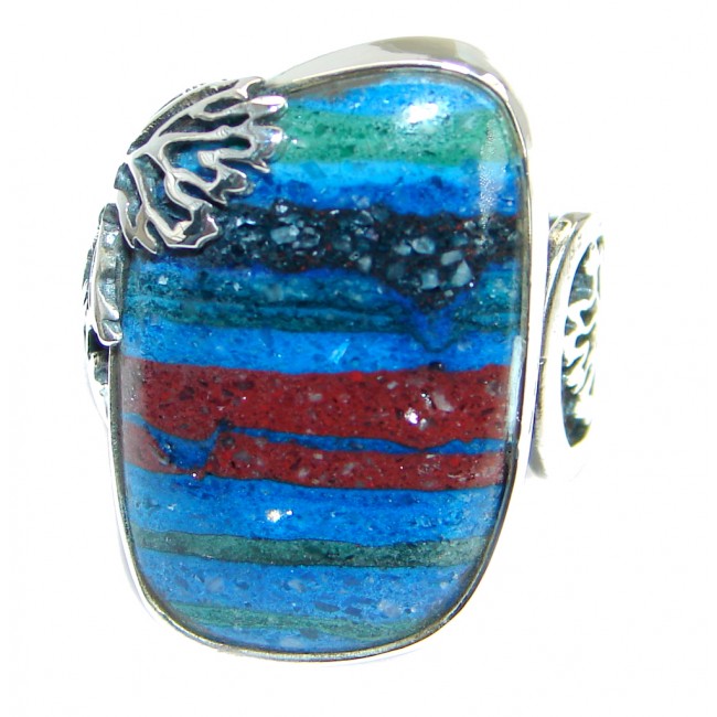 Blue Rainbow Calsilica Sterling Silver handcrafted ring size 7 adjustable