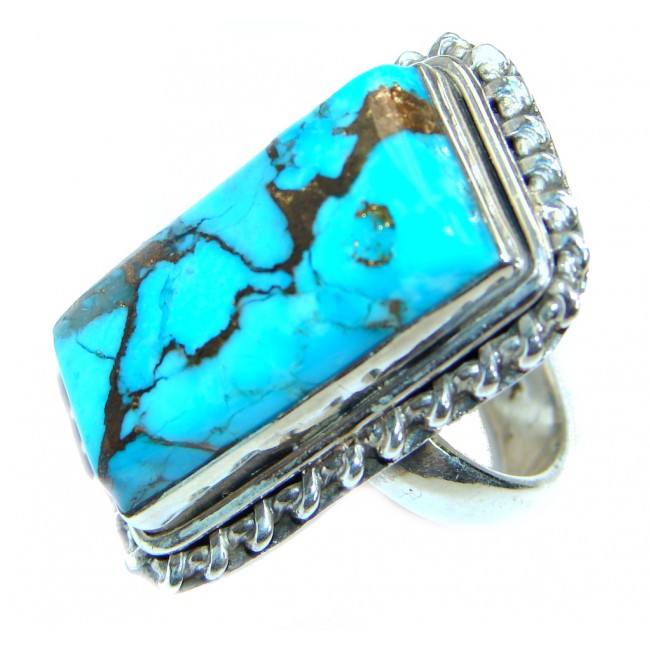 Copper Blue Turquoise .925 Sterling Silver handmade Ring s. 7
