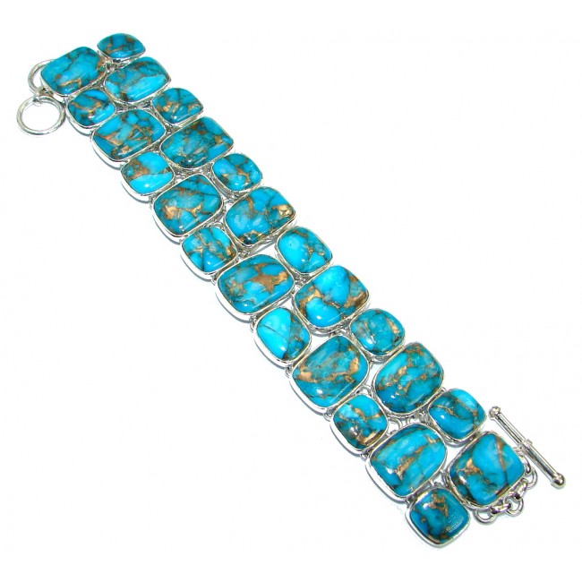 Large Blue Turquoise with copper vains .925 Sterling Silver handmade Bracelet