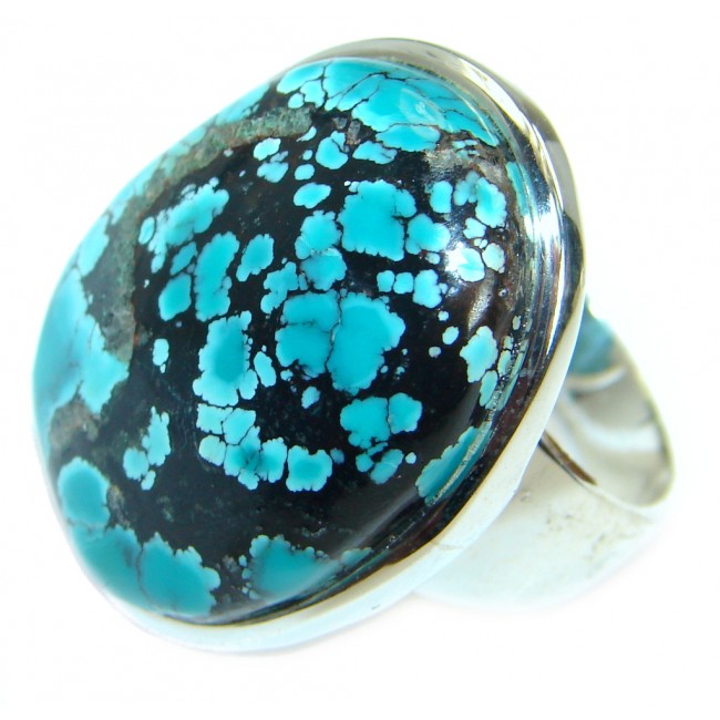 Spider's Web Blue Turquoise .925 Sterling Silver handmade Ring s. 8