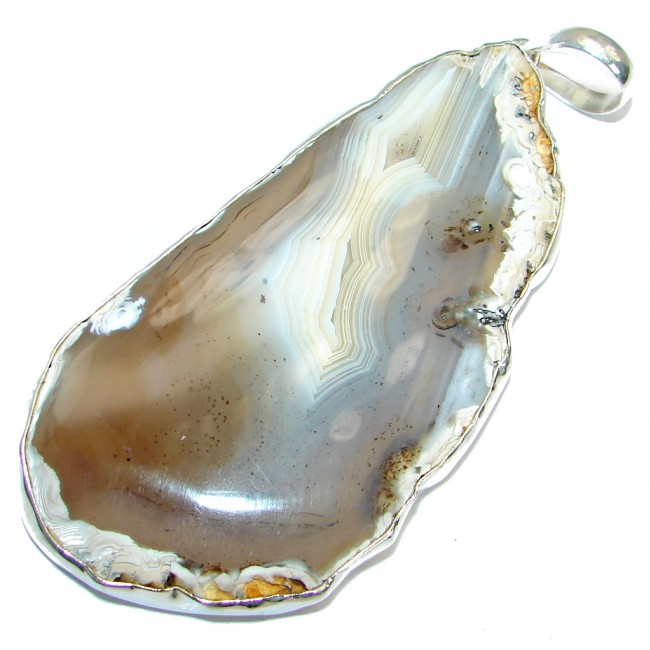 HUGE Natural Lace Agate oxidized .925 Sterling Silver handmade Pendant