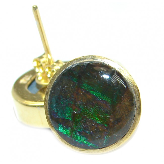 Green Aura Fire Ammolite gold over .925 Sterling Silver handmade stud earrings