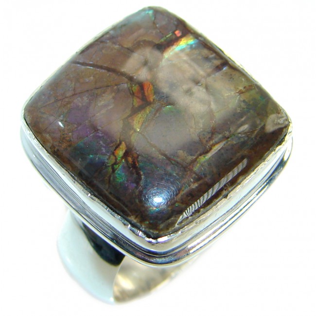 Unisex Rainbow Fire Ammolite .925 Sterling Silver ring s. 8 adjustable