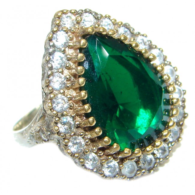 Victorian Style created Emerald & White Topaz Copper over Sterling Silver ring; s. 8