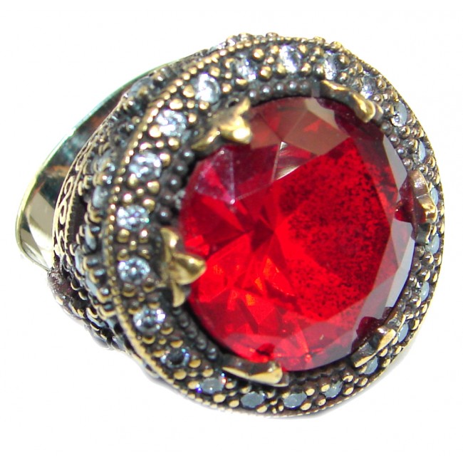 Victorian Style created Ruby & White Topaz Sterling Silver ring; s. 6 1/2