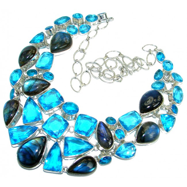 Huge Gallery Masterpiece Fire Labradorite Lab. Blue Topaz .925 Sterling Silver necklace