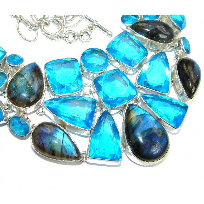 Huge Gallery Masterpiece Fire Labradorite Lab. Blue Topaz .925 Sterling Silver necklace