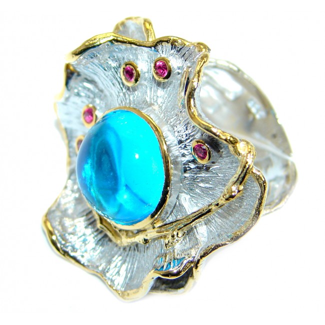 Baroque Style Blue Topaz Gold Plated over .925 Sterling Silver Ring s. 6 1/4 adjustable
