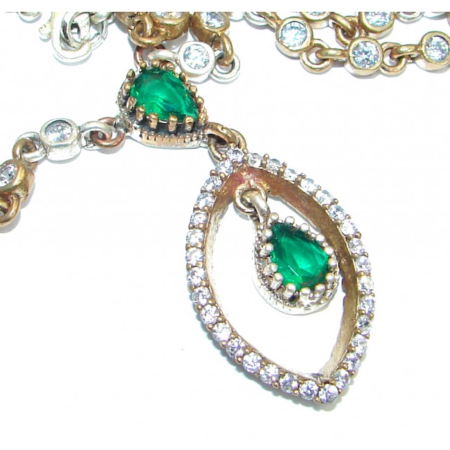 Victorian Style created Green Emerald & White Topaz Sterling Silver necklace