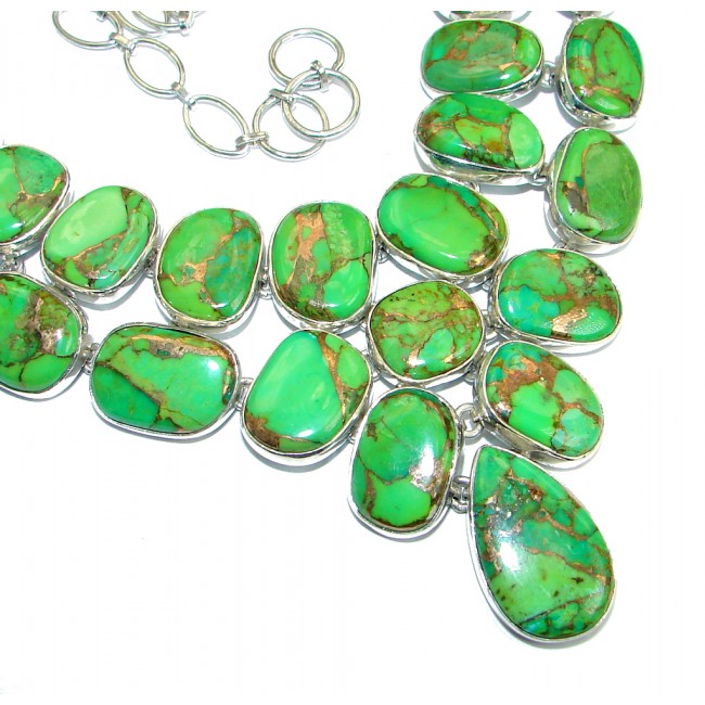 Chic Boho Style Green Turquoise with golden Copper vains .925 Sterling Silver statement necklace