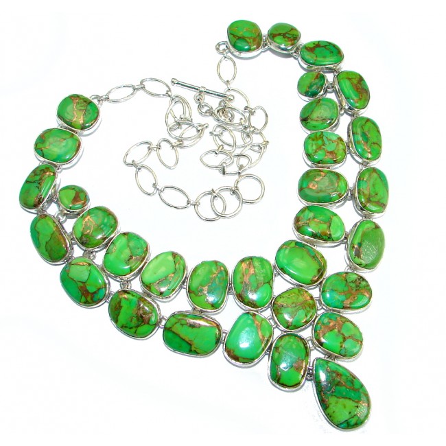 Chic Boho Style Green Turquoise with golden Copper vains .925 Sterling Silver statement necklace