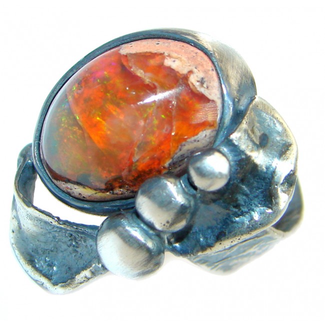 Bold Mexican Opal oxidized .925 Sterling Silver handcrafted ring size 7 adjustable