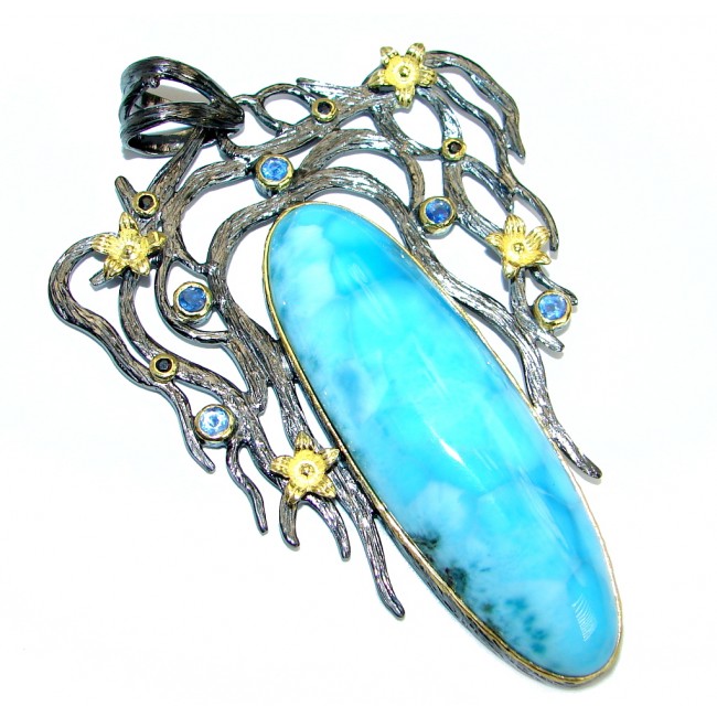 Spectacular Perfection Sublime Larimar Sapphire Gold Rhodium over .925 Sterling Silver handmade pendant