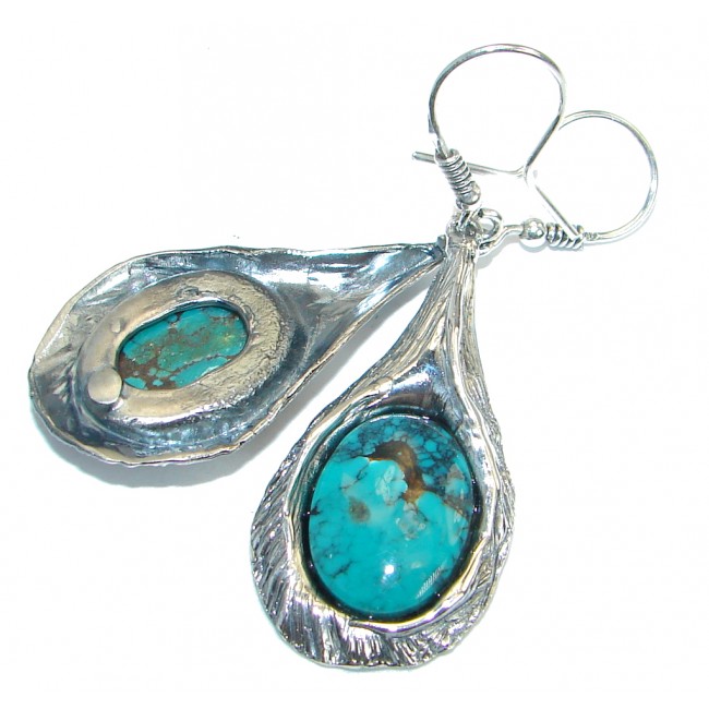 Long Genuine Turquoise oxidized .925 Sterling Silver handmade earrings