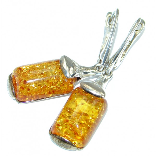 Luxury Genuine Long Baltic Polish Amber .925 Sterling Silver Earrings