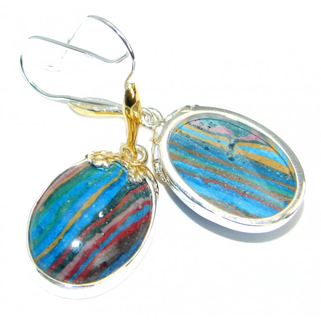 Vintage Design Rainbow Calsilica Two tones .925 Sterling Silver handmade earrings