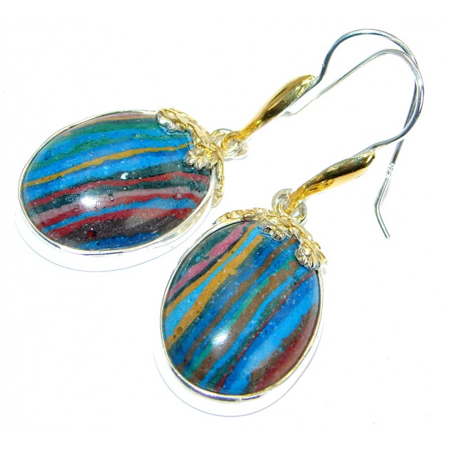 Vintage Design Rainbow Calsilica Two tones .925 Sterling Silver handmade earrings