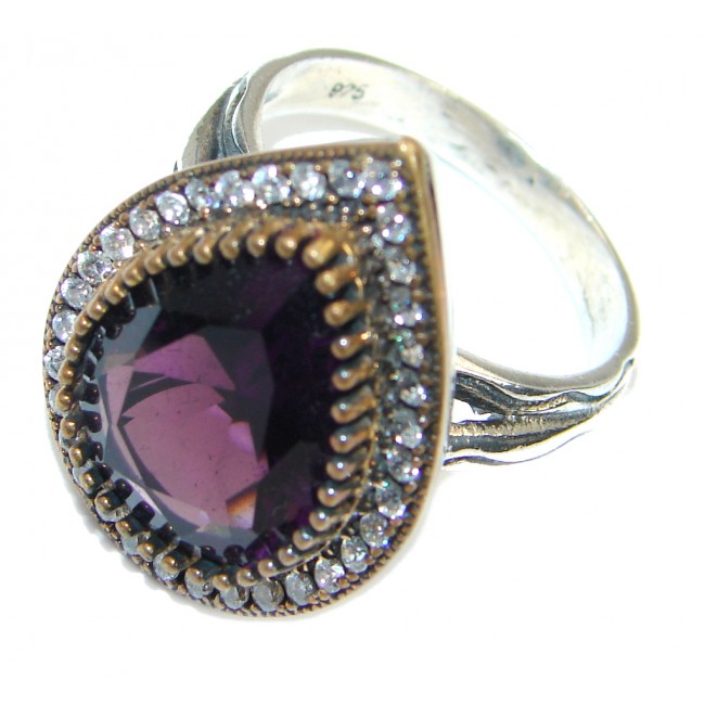 Large Victorian Style created Amethyst & White Topaz Sterling Silver ring; s. 9