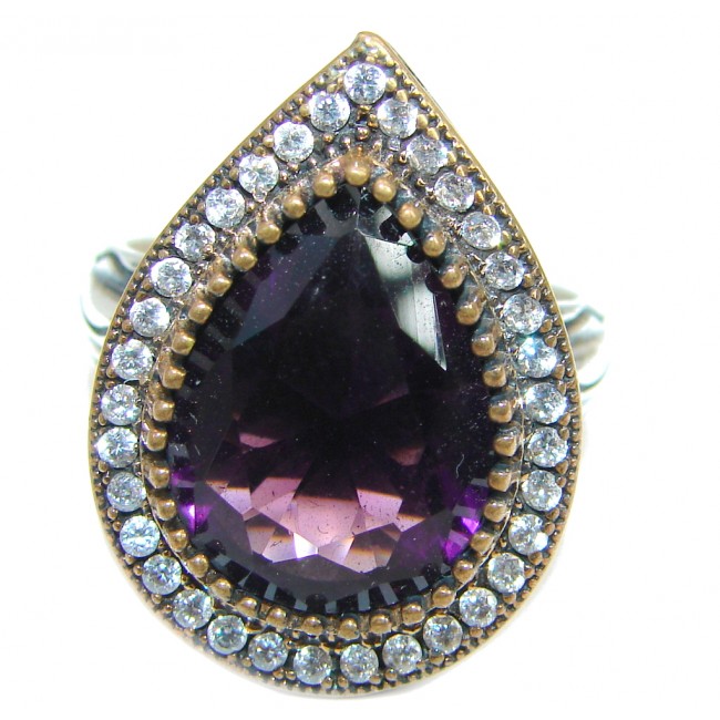 Large Victorian Style created Amethyst & White Topaz Sterling Silver ring; s. 9