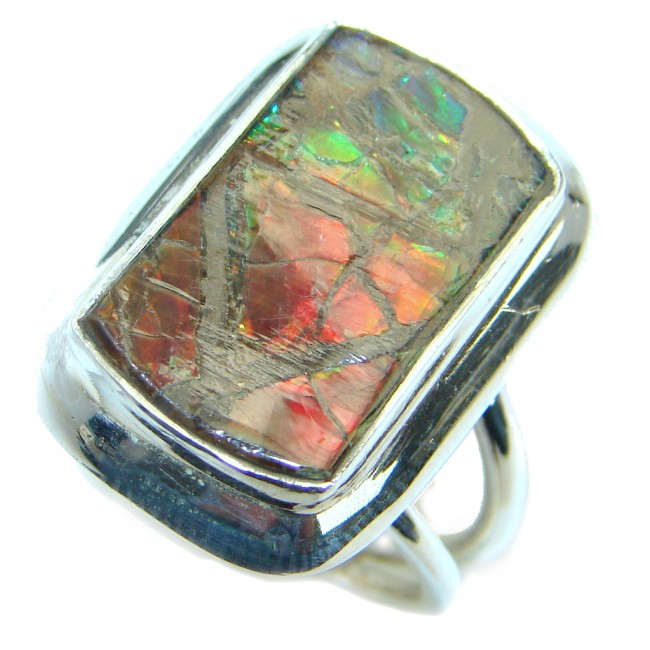 Canadian Rainbow Fire Ammolite .925 Sterling Silver handmade ring s. 7