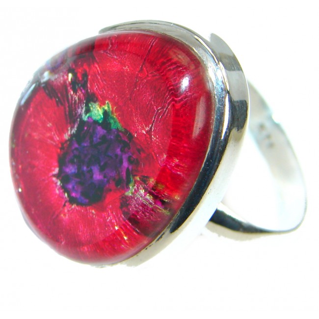 Red Dichroic Glass .925 Sterling Silver handmade ring size 12