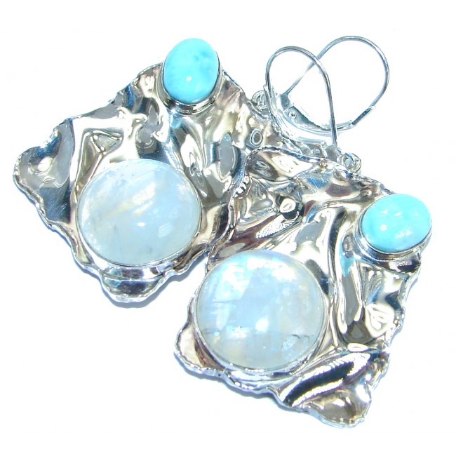 Large Modern Design White Moonstone Larimar hammered .925 Sterling Silver earrings