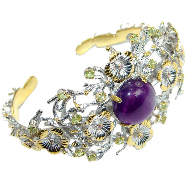 Floral Design Genuine Amethyst Peridot Gold over .925 Sterling Silver Bracelet / Cuff