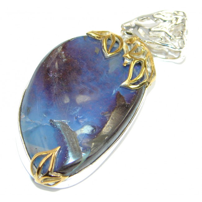 Authentic Natural Australian Boulder Opal Two Tones .925 Sterling Silver handmade Pendant