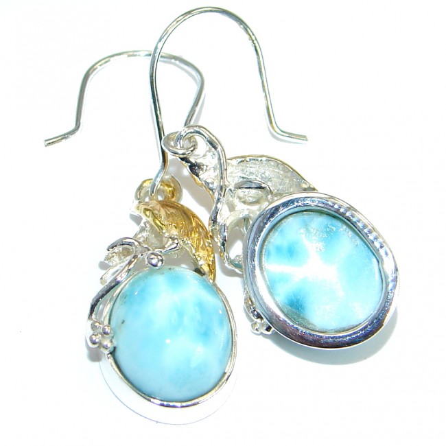Precious genuine Blue Larimar Two Tones .925 Sterling Silver handmade earrings