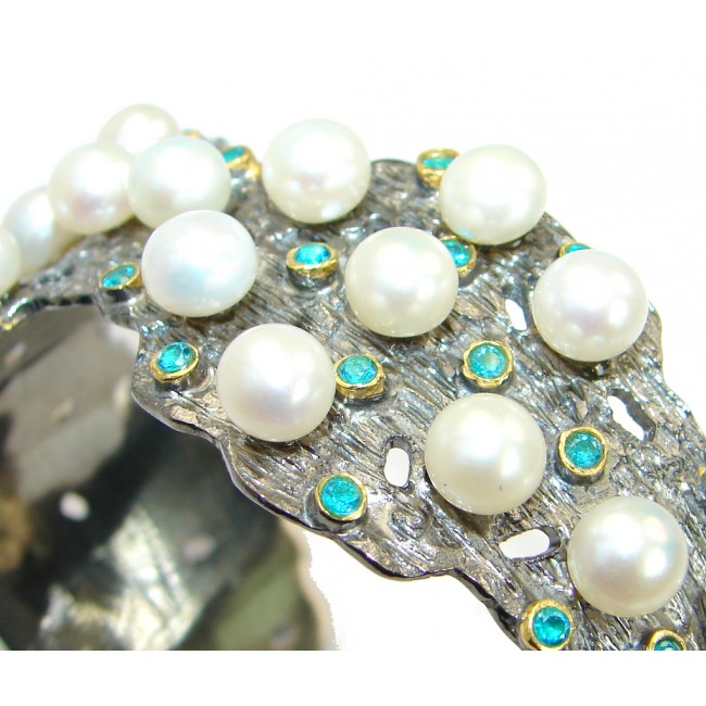 Big Dreamer Fresh Water Pearl Emerald Gold Rhodium over .925 Sterling Silver Bracelet / Cuff