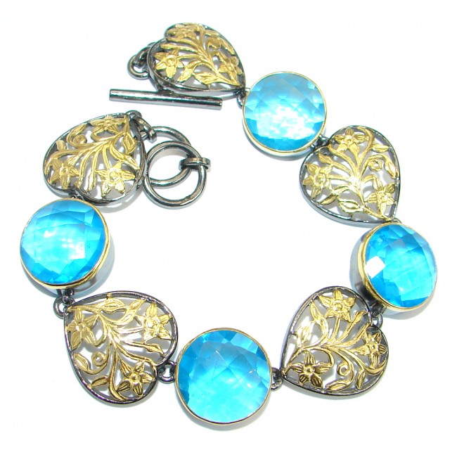 Baroque Design Swiss Blue Topaz Gold Rhodium over .925 Sterling Silver handmade Bracelet