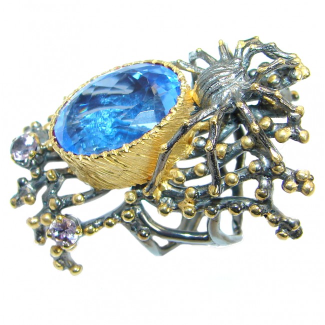 Black Widow Blue Topaz Gold Rhodium over .925 Sterling Silver Cocktail Ring size 8