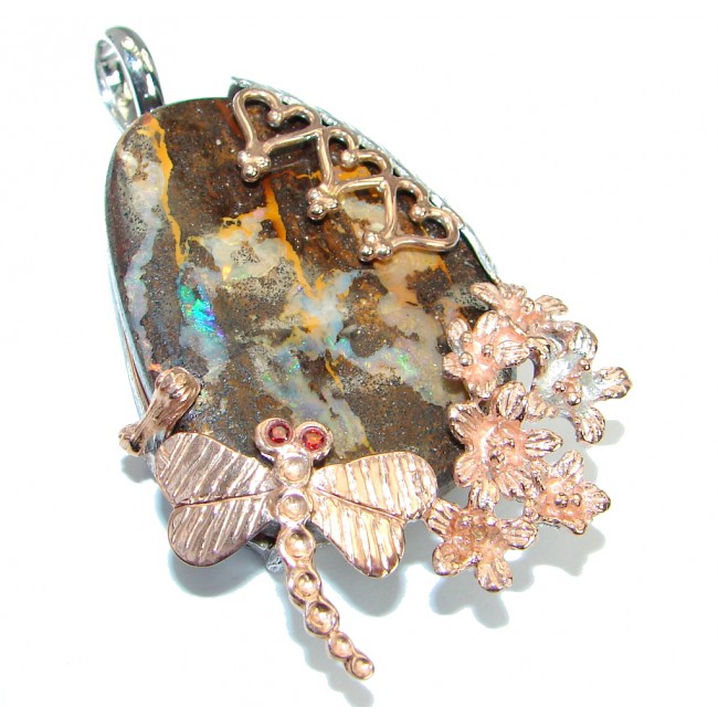 Authentic Natural Australian Boulder Opal Rose Gold over .925 Sterling Silver handmade Pendant