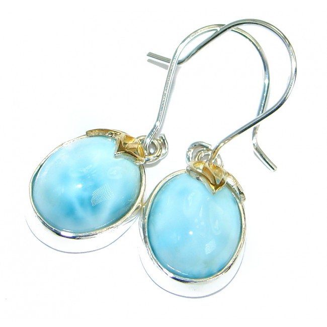 Precious genuine Blue Larimar Two Tones .925 Sterling Silver handmade earrings