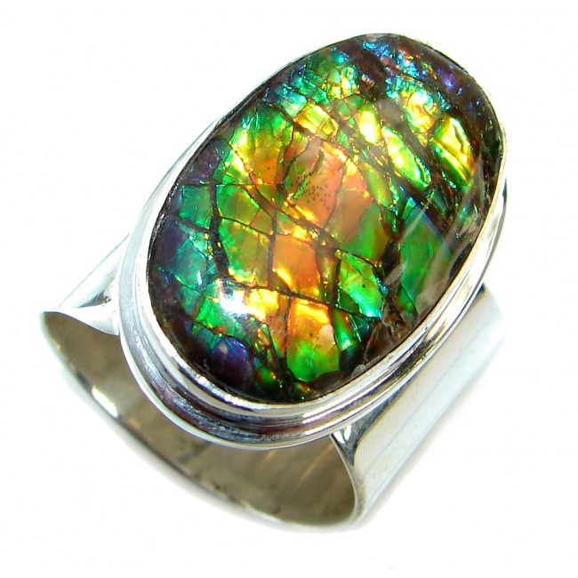 Rainbow Fire Ammolite .925 Sterling Silver handmade ring s. 7 adjustable