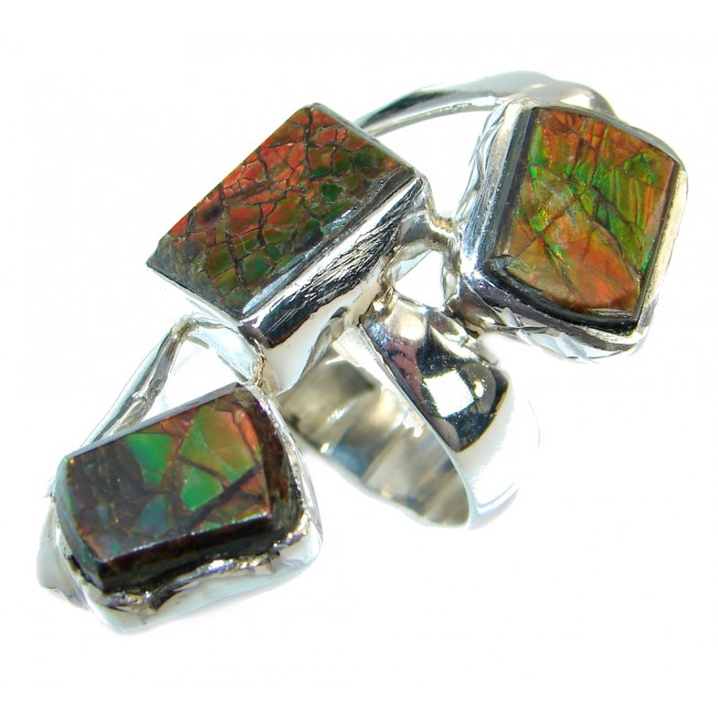 Bohemian Style Canadian Rainbow Fire Ammolite .925 Sterling Silver handmade ring s. 9