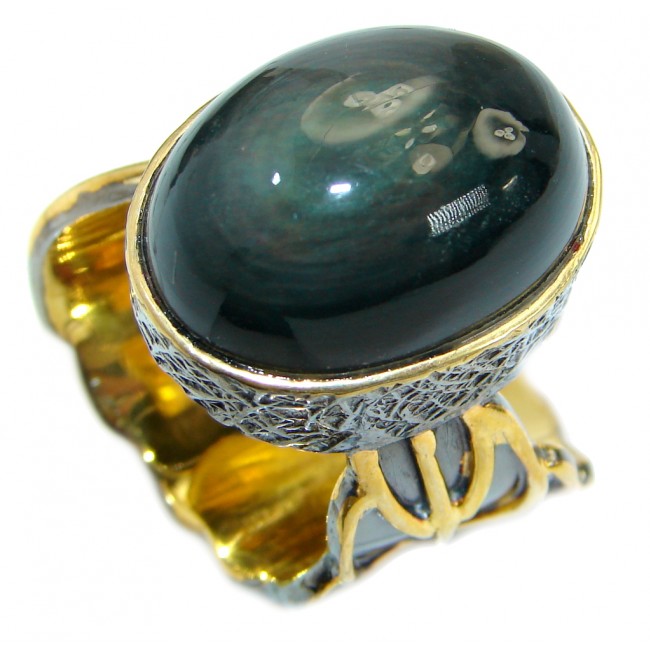 Chic Black Hawks Eye Gold Rhodium over .925 Sterling Silver Cocktail Ring s. 9