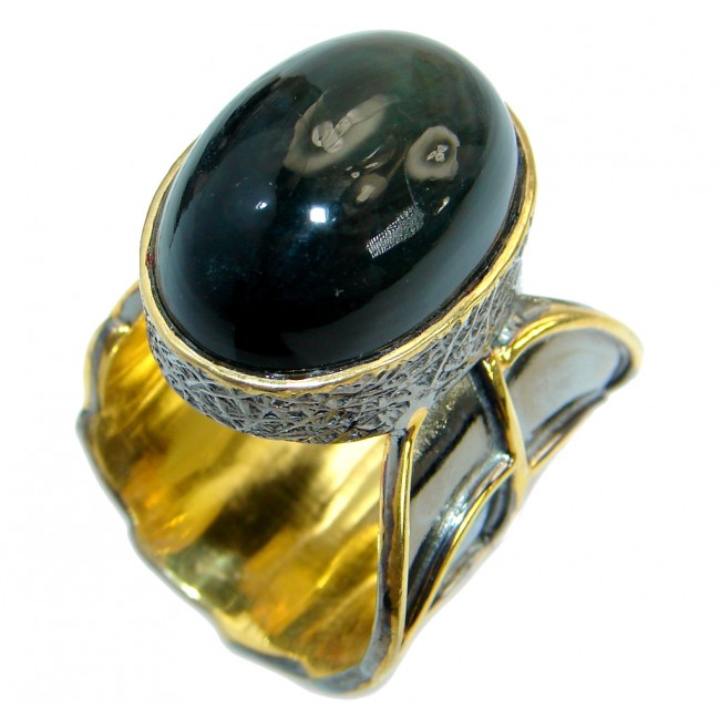 Chic Black Hawks Eye Gold Rhodium over .925 Sterling Silver Cocktail Ring s. 9