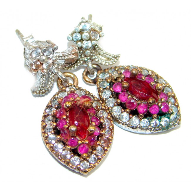Victorian Style created Ruby & White Topaz Sterling Silver earrings